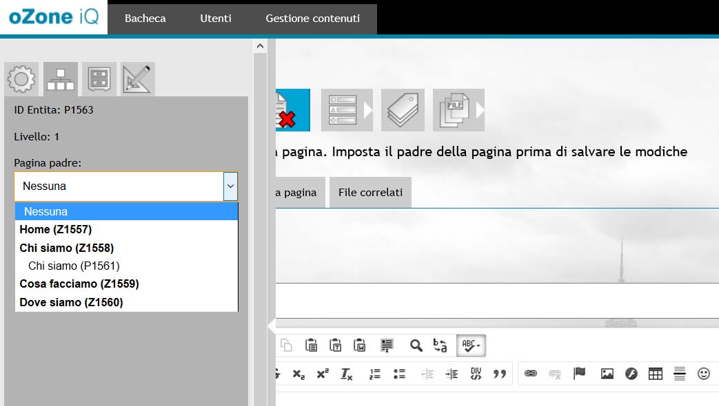 Pannello laterale sinistro tendina pagina padre